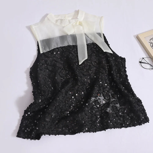 Load image into Gallery viewer, French Summer Women Beige Bow Bandage Vest Black Patchwork Sequin Sexy Club Off Shoulder Tank Tops Vintage Fashion Clothes Trend
