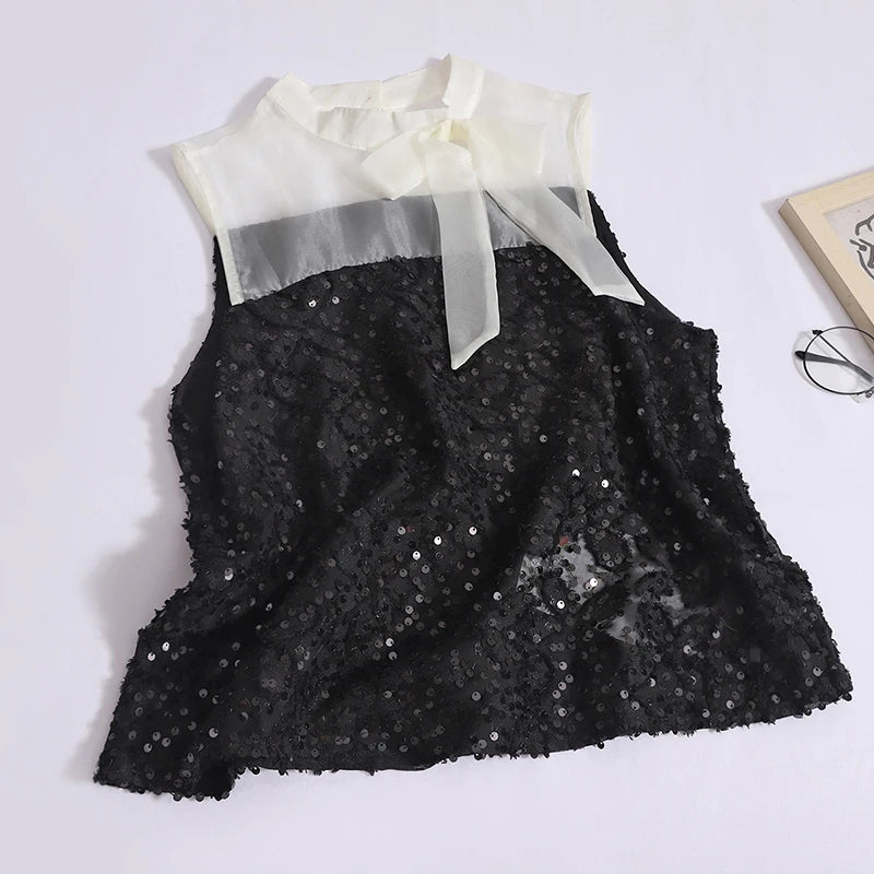 French Summer Women Beige Bow Bandage Vest Black Patchwork Sequin Sexy Club Off Shoulder Tank Tops Vintage Fashion Clothes Trend