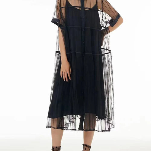 Load image into Gallery viewer, Women Black Mesh Perspective Midi Elegant Shirt Dress New Lapel Short Sleeve Fashion Tide Spring Summer 2025 1DJ0866
