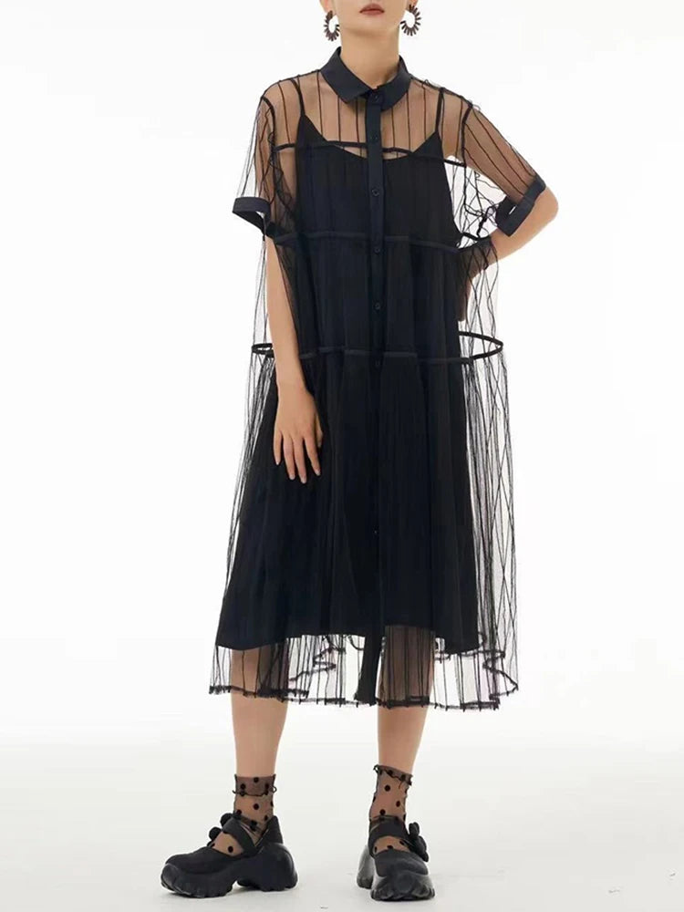Women Black Mesh Perspective Midi Elegant Shirt Dress New Lapel Short Sleeve Fashion Tide Spring Summer 2025 1DJ0866