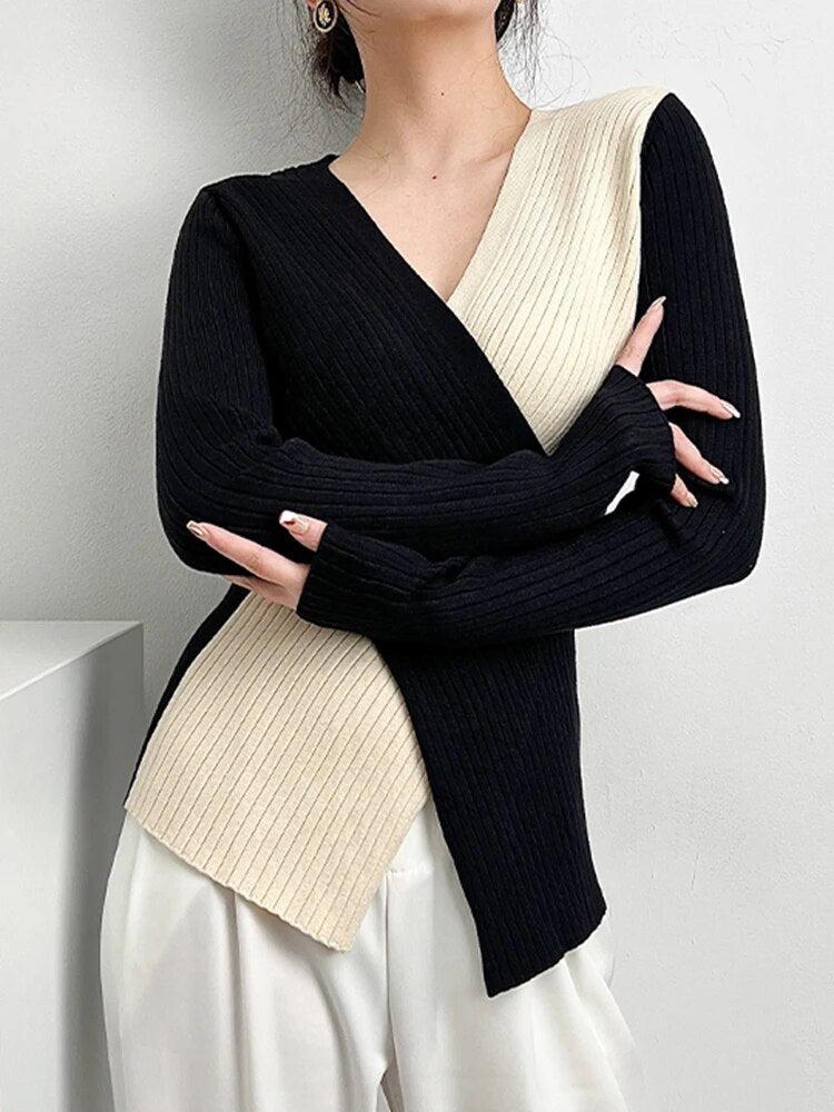 Slim Knitting Irregular Sweater For Women V Neck Long Sleeve Solid Minimalsit Pullover Female Clothing Fashion