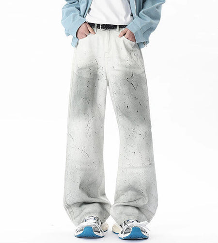 Men's Jeans New Summer Korean Tie-dyed Paint Dot Splash Ink White Casual Handsome Straight Leg Male Bottoms 9W1675