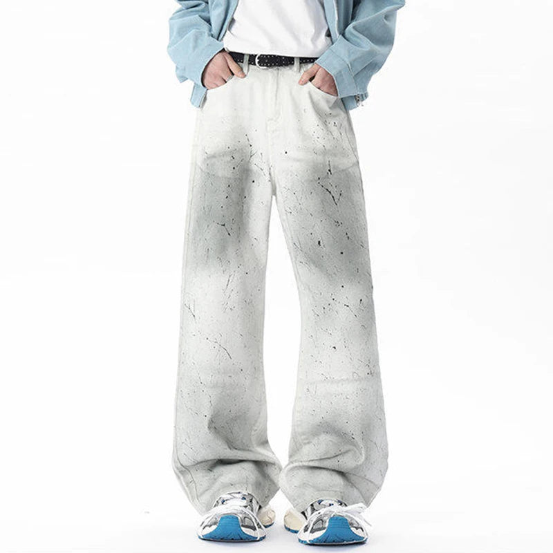 Men's Jeans New Summer Korean Tie-dyed Paint Dot Splash Ink White Casual Handsome Straight Leg Male Bottoms 9W1675