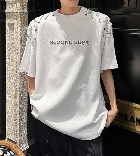 Men's T-shirts Short Sleeve Summer Letter Print  Design Chain Shoulder Pad Male T-shirt Pullover Solid Color Top 9W1708
