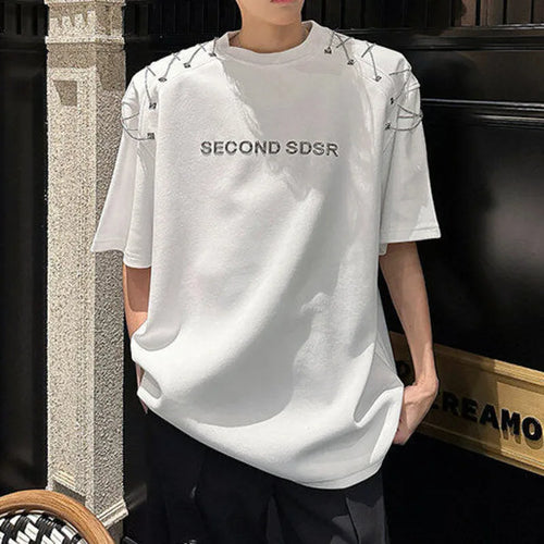 Load image into Gallery viewer, Men's T-shirts Short Sleeve Summer Letter Print  Design Chain Shoulder Pad Male T-shirt Pullover Solid Color Top 9W1708
