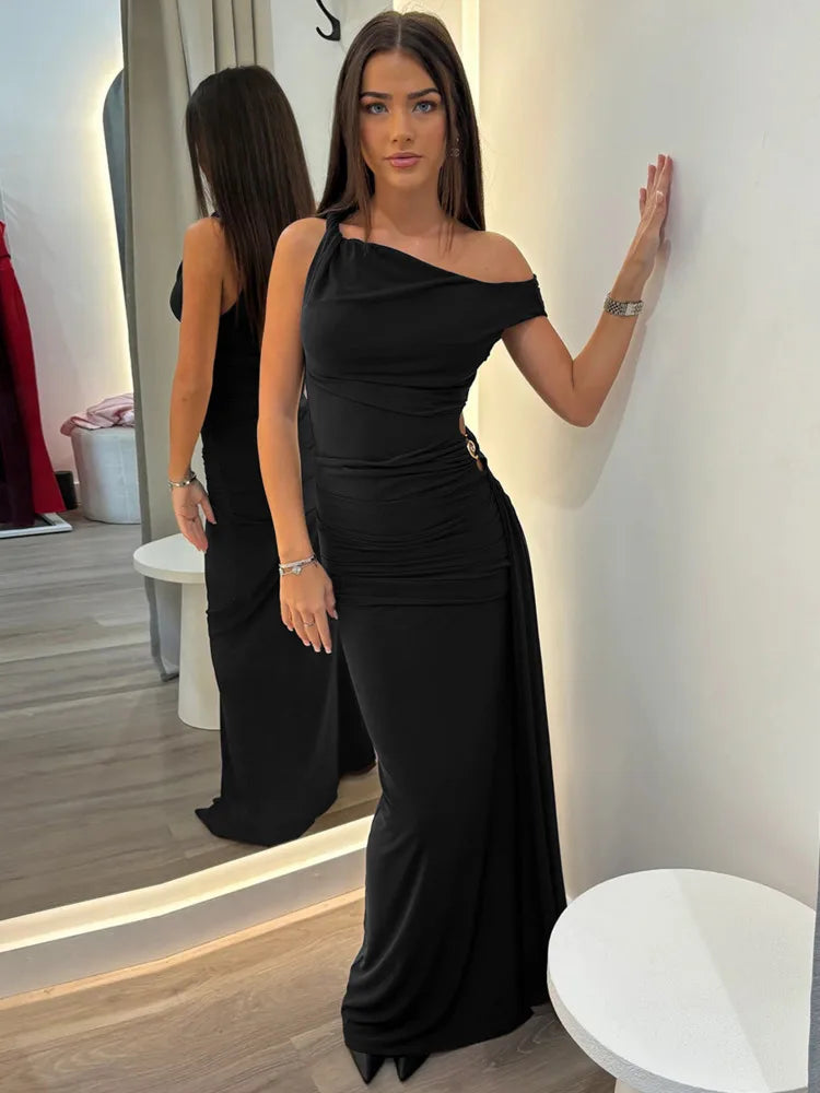 Oblique Shoulder Backless Sexy Maxi Dress For Women Fashion Off-shoulder Sleeveless High Waist Bodycon Club Long Dress