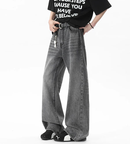 Male Jeans New American Style Flower Tied Cat Beard Design Gradient Color Trendy Men's Straight Leg Casual Bottoms 9W1805