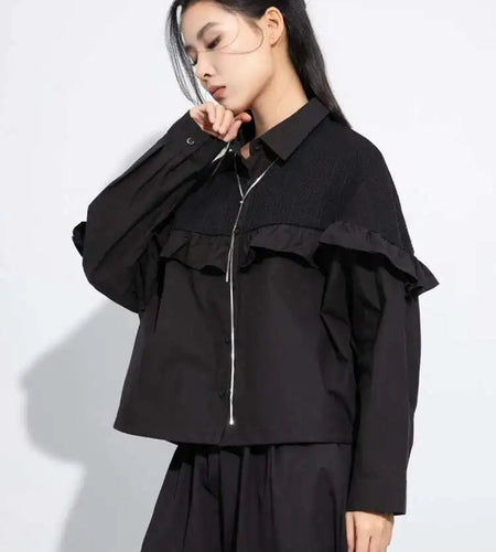 Women Black Ruffles Spliced Big Size Casual Blouse New Lapel Long Sleeve Shirt Fashion Tide Spring Autumn 2025 1DJ0476