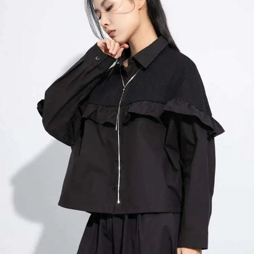 Load image into Gallery viewer, Women Black Ruffles Spliced Big Size Casual Blouse New Lapel Long Sleeve Shirt Fashion Tide Spring Autumn 2025 1DJ0476
