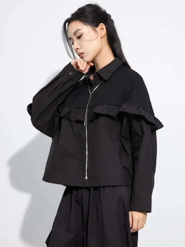 Women Black Ruffles Spliced Big Size Casual Blouse New Lapel Long Sleeve Shirt Fashion Tide Spring Autumn 2025 1DJ0476