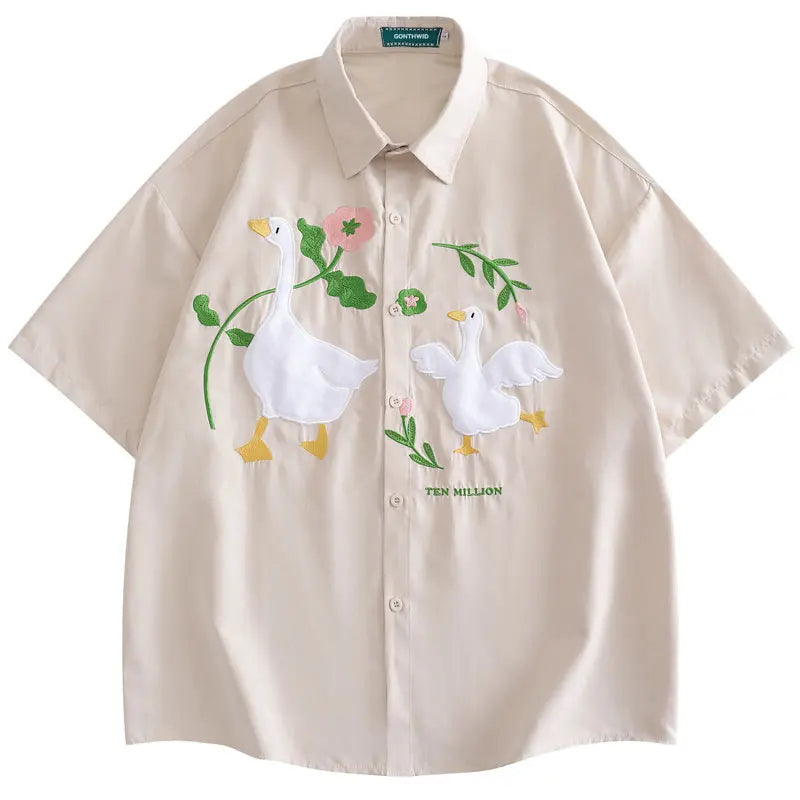 Harajuku Men Shirts Funny Embroidery Flower White Duck Goose Patch Short Sleeve Blouse Summer Loose Button Up Shirt Streetwear