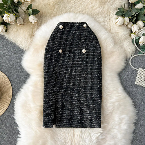 Load image into Gallery viewer, Autumn Winter Black Pearl Woolen Pencil Skirts Women White Office Elegant Midi Thick Warm Skirt New Wrap Hip Split Skirt Ladies
