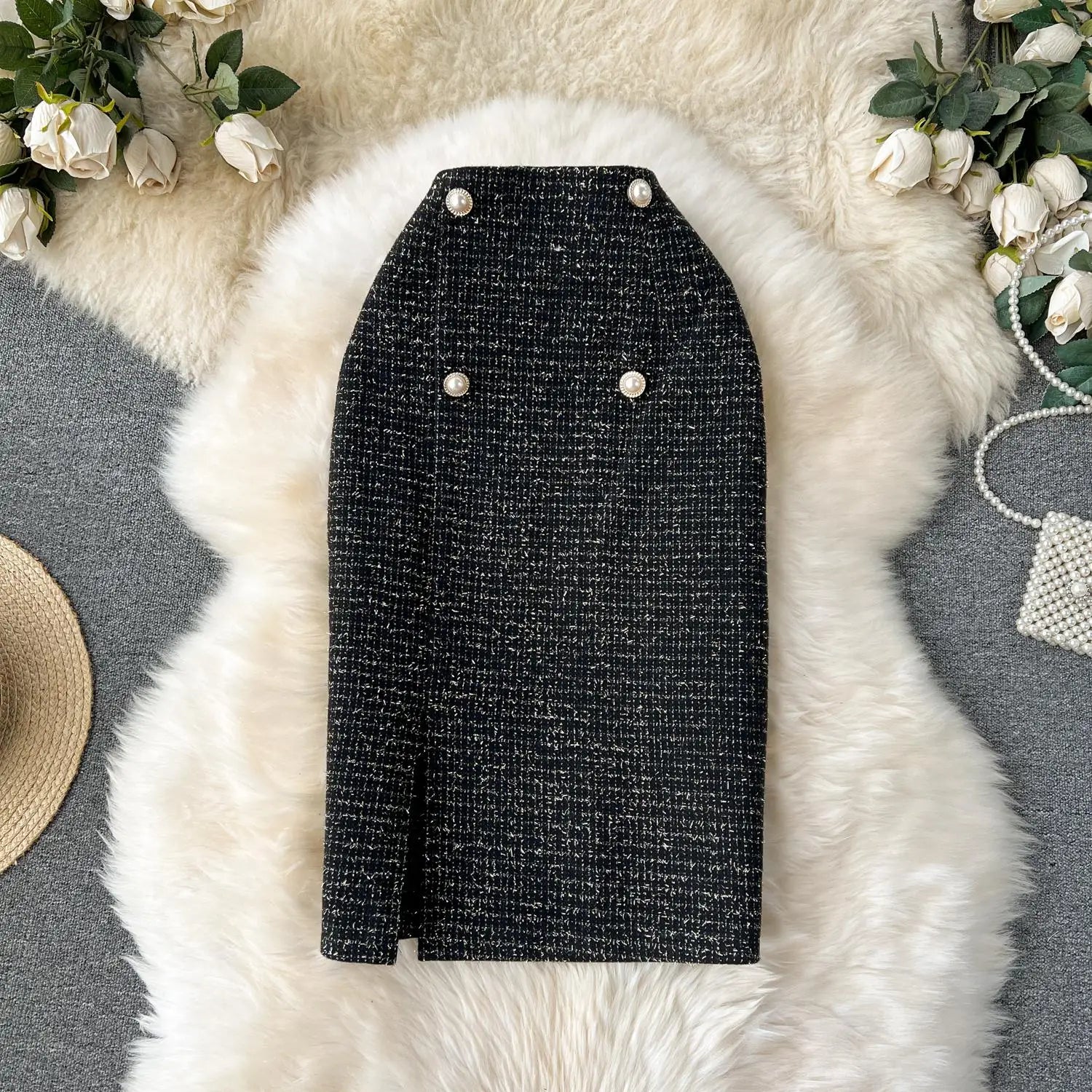 Autumn Winter Black Pearl Woolen Pencil Skirts Women White Office Elegant Midi Thick Warm Skirt New Wrap Hip Split Skirt Ladies