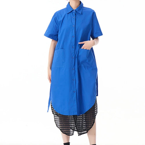 Load image into Gallery viewer, Women Blue Mesh Color-block Big Size Midi Shirt Dress New Lapel Short Sleeve Fashion Tide Spring Summer 2025 1DJ0932
