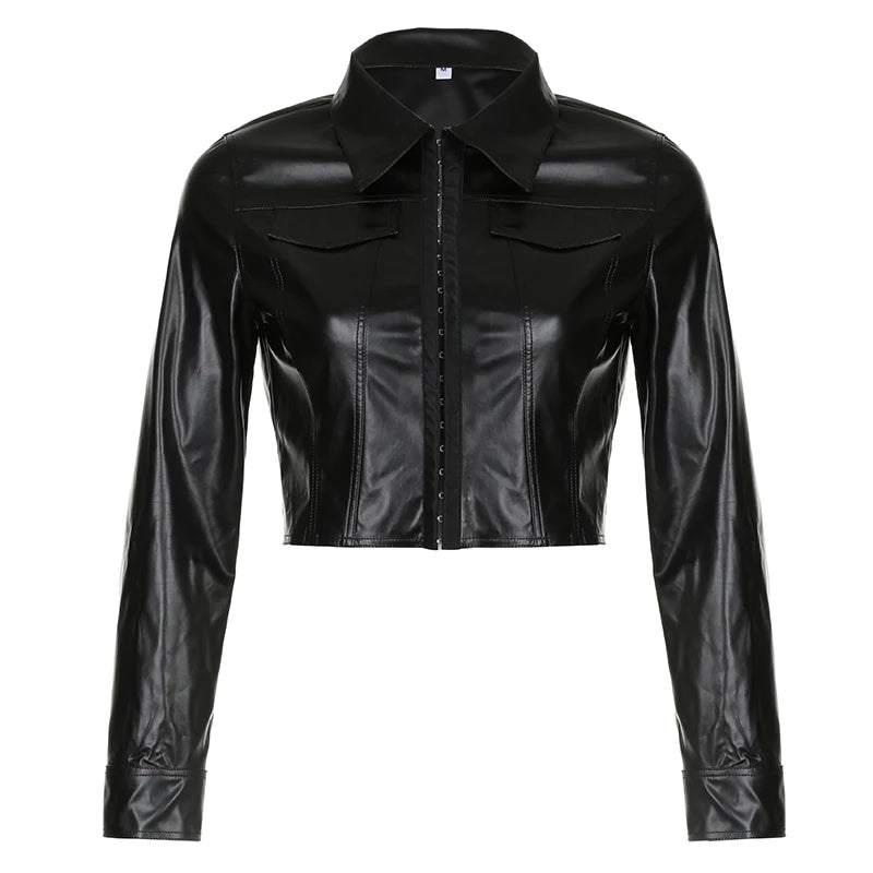 Fashion Chic Black PU Leather Jacket Women Cropped Pins-Up Streetwear Basic Autumn Coat Outwear Slim Jackets Clothing