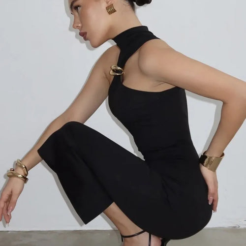 Load image into Gallery viewer, Turtleneck Off-shoulder Sexy Maxi Dress Women Gown Summer New Ring Metal Sleeveless Backless Skinny Knit Long Dress
