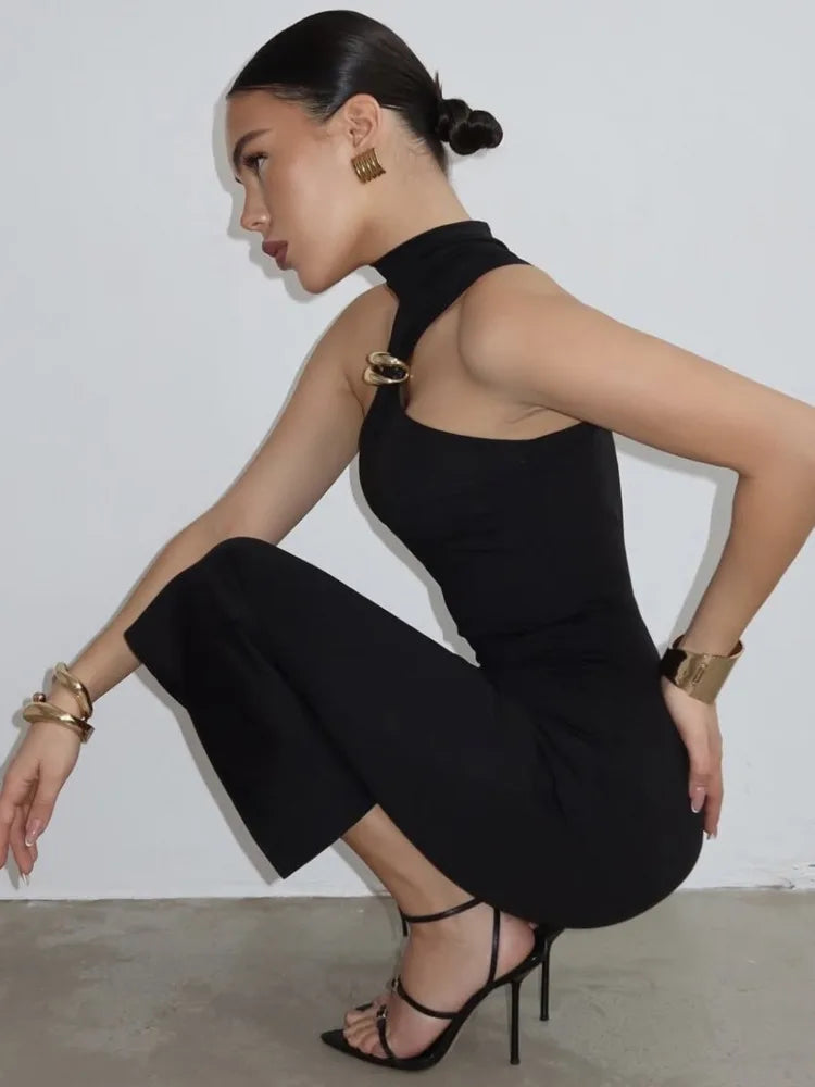 Turtleneck Off-shoulder Sexy Maxi Dress Women Gown Summer New Ring Metal Sleeveless Backless Skinny Knit Long Dress