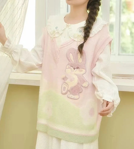 Sweet Cartoon Embroidery Sleeveless Knitted Sweater Vest Women Y2k Contrast Color Waistcoat Spring Grunge Harajuku Vests Tops