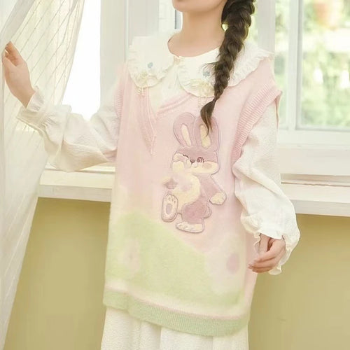 Load image into Gallery viewer, Sweet Cartoon Embroidery Sleeveless Knitted Sweater Vest Women Y2k Contrast Color Waistcoat Spring Grunge Harajuku Vests Tops
