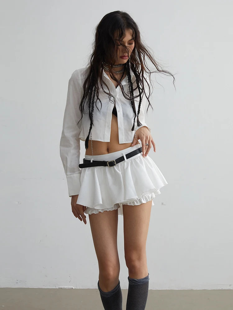 Women White Brief Cotton Elegant Plain Short Blouse New Lapel Long Sleeve Shirt Fashion Tide Spring Autumn 2025 1DH7516