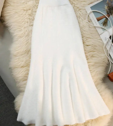 French Fashion Vintage Women Solid Ruffle Edge Knitted Fishtail Long Skirt 2024 Autumn Winter Elegant High Waist Pleated Skirts