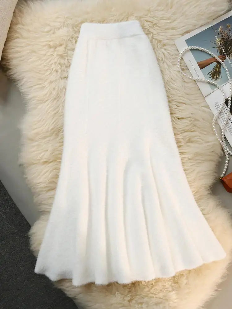 French Fashion Vintage Women Solid Ruffle Edge Knitted Fishtail Long Skirt 2024 Autumn Winter Elegant High Waist Pleated Skirts