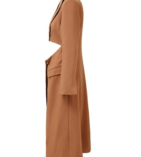 Women Brown Irregular Spliced Long Elegant Blazer New Lapel Long Sleeve Jacket Fashion Tide Spring Autumn 2025 26D9036