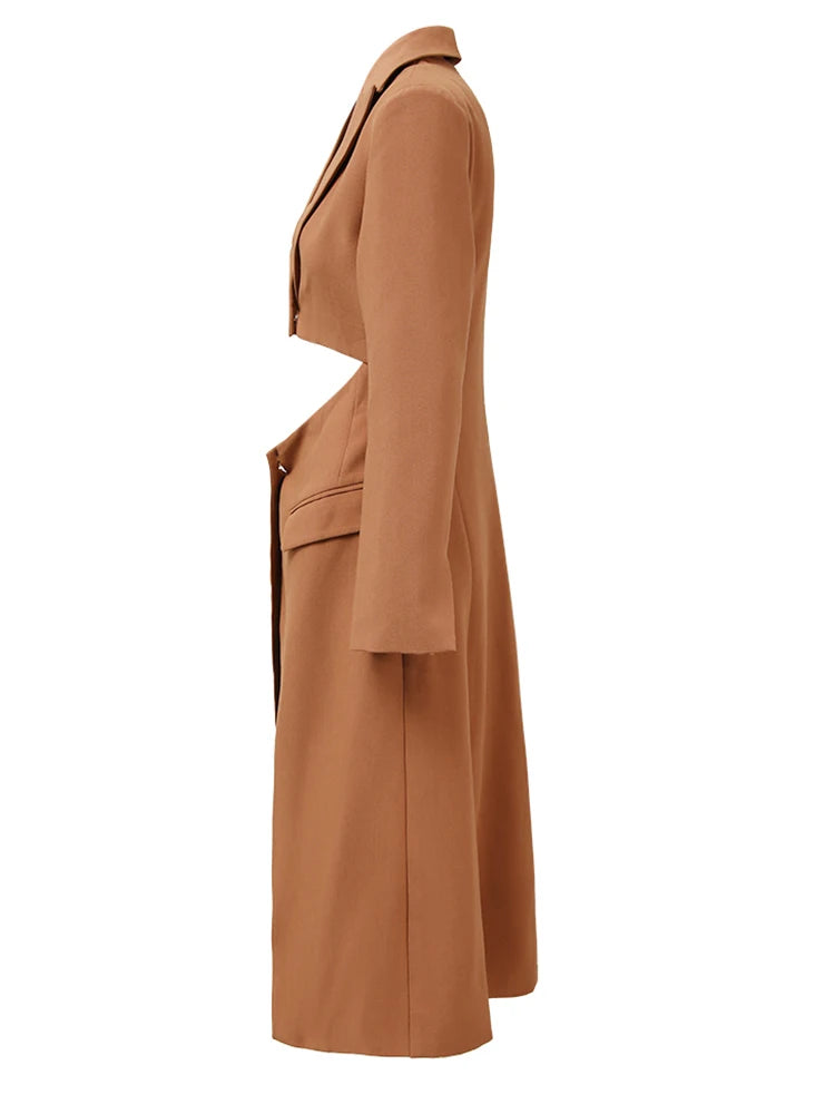 Women Brown Irregular Spliced Long Elegant Blazer New Lapel Long Sleeve Jacket Fashion Tide Spring Autumn 2025 26D9036