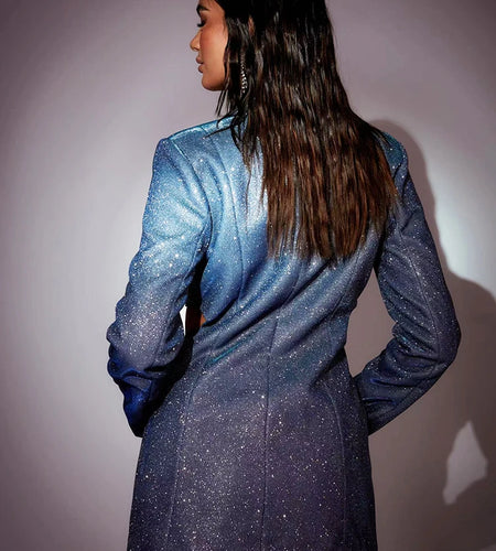 Sexy Glitter Shiny Women Blazer Dress Blue Long Sleeve Hollow Out Dress Female Autumn Skinny Elegant Party Clubwear 2022