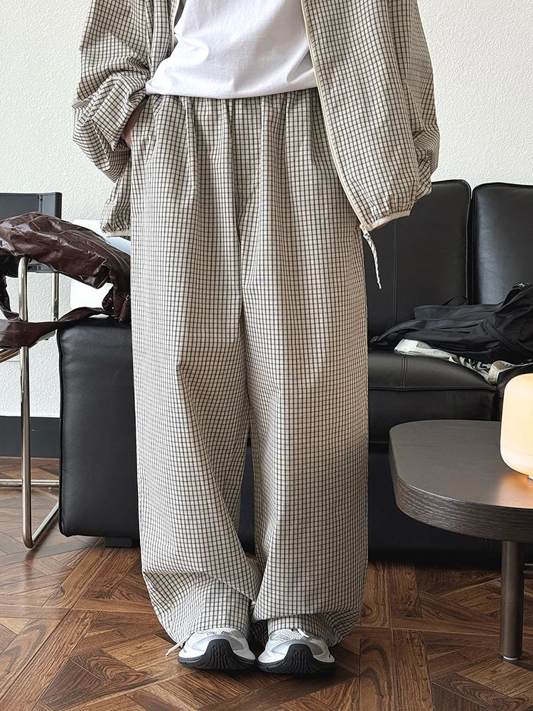 High Elastic Waist Beige Plaid Casual Long Wide Leg Pants New Trousers Women Fashion Tide Spring Autumn 2025 1DJ0867