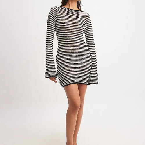 Load image into Gallery viewer, Striped Knit Mini Dress For Women Autumn Winter New O Neck Long Sleeve Contrast Color High Waist Beach Sexy Dress New
