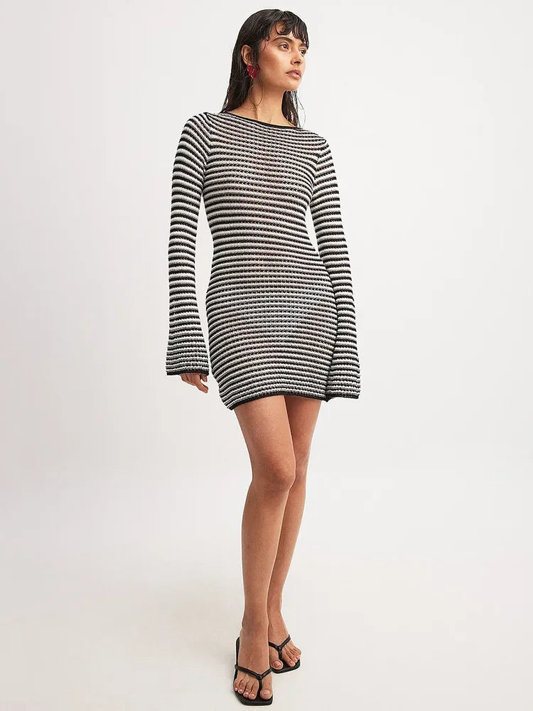 Striped Knit Mini Dress For Women Autumn Winter New O Neck Long Sleeve Contrast Color High Waist Beach Sexy Dress New