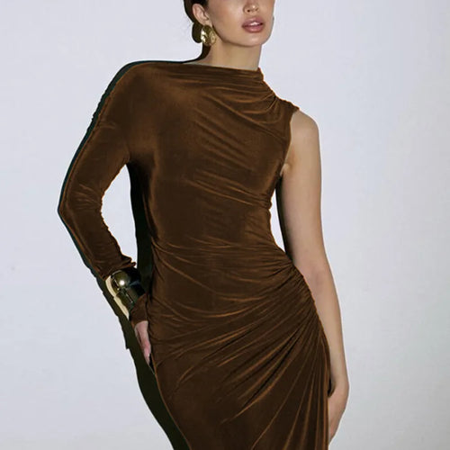 Load image into Gallery viewer, Elegant Single Sleeve High Elasticity Tight Fold Dress Women New 2025 Winter Party Club Evening Dress Bodycon Vestdos
