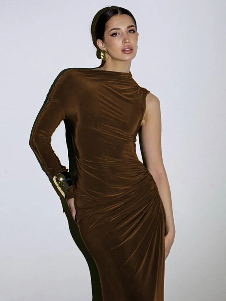 Elegant Single Sleeve High Elasticity Tight Fold Dress Women New 2025 Winter Party Club Evening Dress Bodycon Vestdos