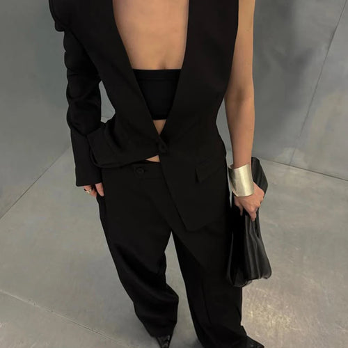 Load image into Gallery viewer, Solid Two Piece Set For Women  V Neck Sleeveless Tunic Coat High Waist Temperament Pant Sets Female Fashion Style
