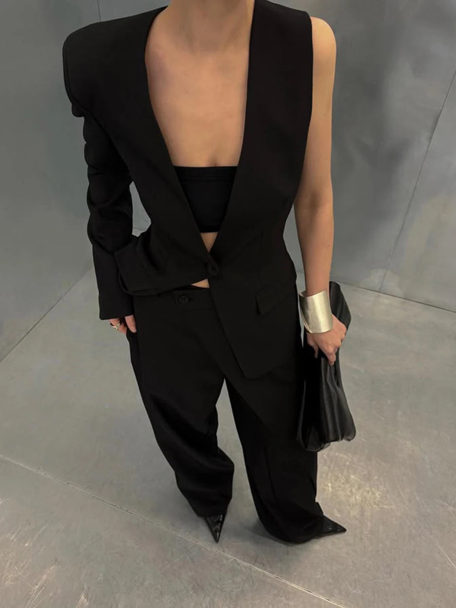 Solid Two Piece Set For Women  V Neck Sleeveless Tunic Coat High Waist Temperament Pant Sets Female Fashion Style