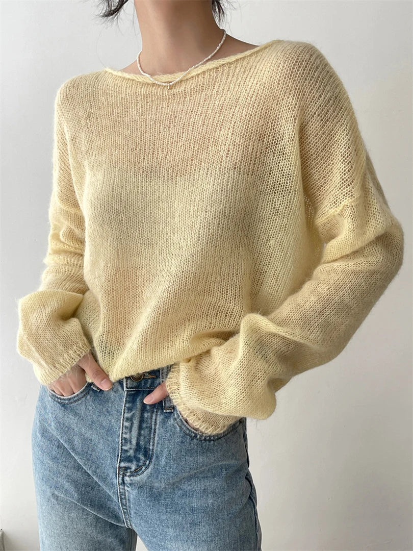 Thin Beige Big Size Knitting Sweater Round Neck Long Sleeve Women Pullovers New Fashion Tide Spring Summer 2025 1DF0250