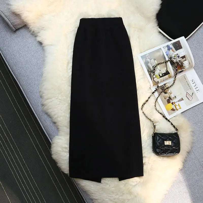 Fashion Elegant Casual Skirts Women Autumn Winter New High Waist Knitted Split Long Solid Color Skirt Keep Warm Thicken Female