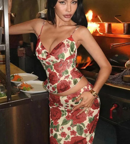 Floral Print Sexy Skirt Two Piece Sets Women Fashion Sleeveless Crop Tops And Long Skirt Femme Printed Two Piece Sets
