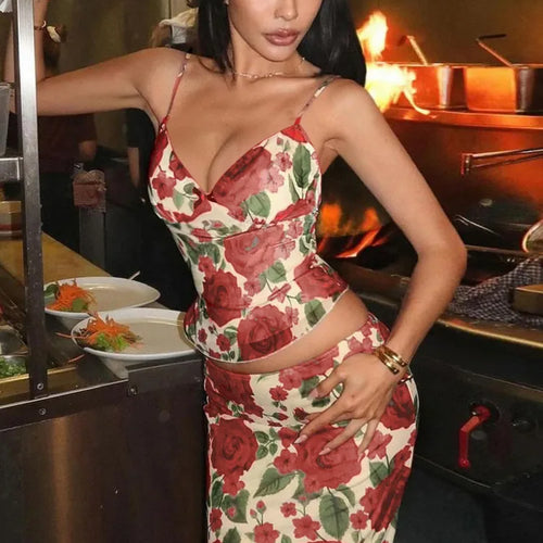 Load image into Gallery viewer, Floral Print Sexy Skirt Two Piece Sets Women Fashion Sleeveless Crop Tops And Long Skirt Femme Printed Two Piece Sets
