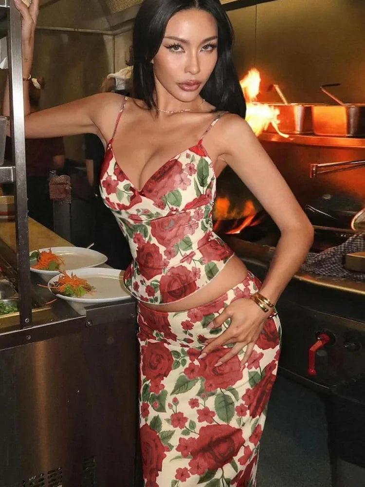 Floral Print Sexy Skirt Two Piece Sets Women Fashion Sleeveless Crop Tops And Long Skirt Femme Printed Two Piece Sets