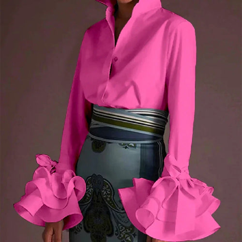 Load image into Gallery viewer, Fashion Elegant Blouses Bow-Embellished Falbala Solid Color Flared Sleeves Lapel Shirts Tops For Women
