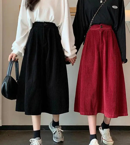 Vintage Red Slim Festival Party Corduroy Skirt Women Autumn Winter Black High Waist A-line Pleated Long Skirt Brown Simple Trend