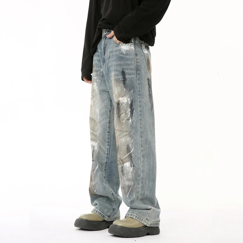 Niche Style Men's Jeans Worn-out Dirty Graffiti Loose Trousers Straight Wide Leg Male Casual Jeans Trend Summer 9C6607