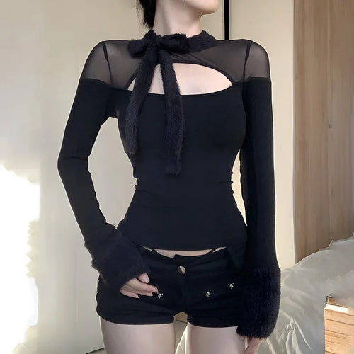 Load image into Gallery viewer, Coquette Top y2k Clothes Women Solid Color Sheer See Through Round Neck Long Sleeve Mesh T Shirt with Bow Streetwear

