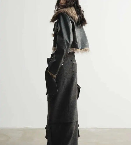 High Waist 30% Wool Gray Pocket Slit Elegant Woolen Half-body Skirt Women Fashion Tide New Autumn Winter 2025 1DH4038