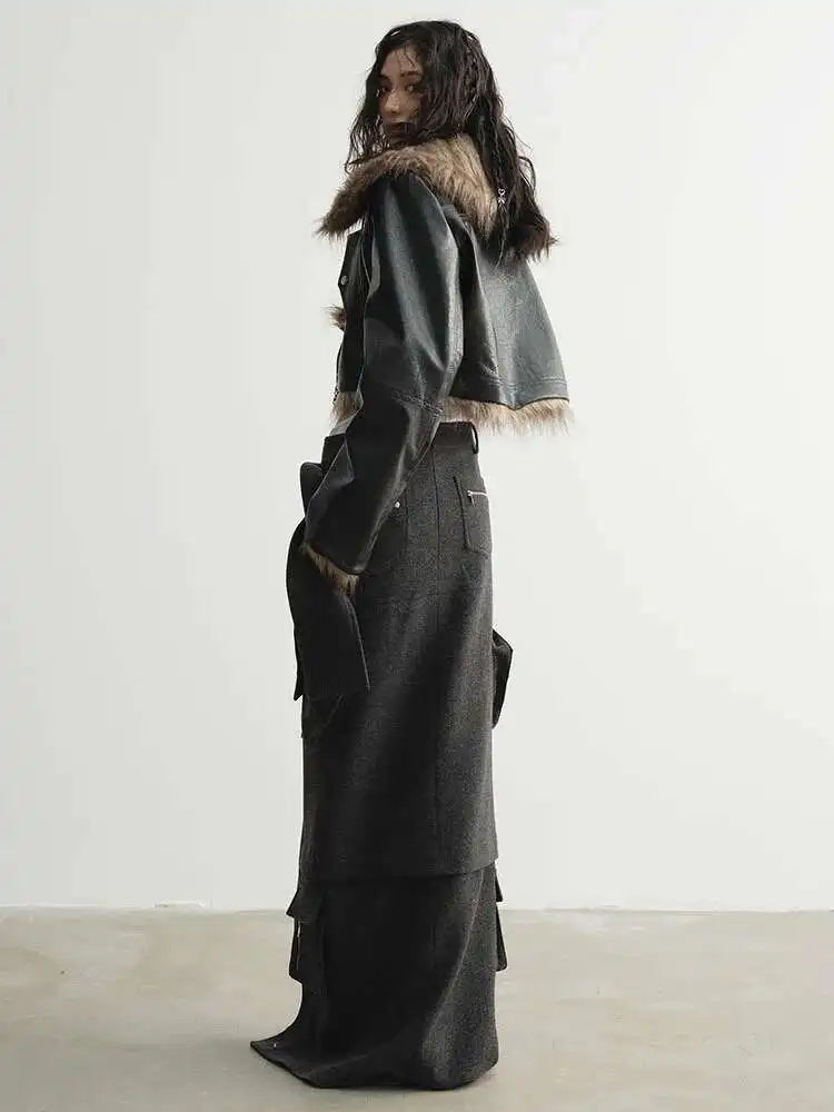 High Waist 30% Wool Gray Pocket Slit Elegant Woolen Half-body Skirt Women Fashion Tide New Autumn Winter 2025 1DH4038