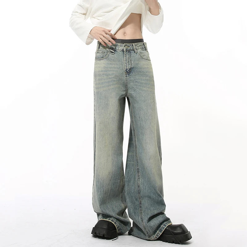 American Style Men's Jeans Casual Washing Solid Color Wide Leg Simple Denim Pants Straight Loose Male Jeans Stylish 9C9303