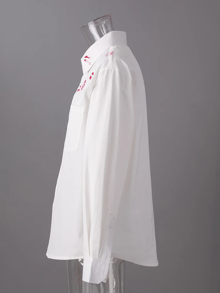 Women White Pattern Printed Big Size Casual Blouse New Lapel Long Sleeve Shirt Fashion Tide Spring Autumn 2025  CPG3062