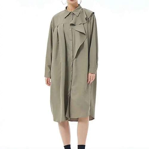 Load image into Gallery viewer, Women Gray Ruffles Pleated Midi Elegant Big Size Shirt Dress New Lapel Long Sleeve Fashion Tide Spring Autumn 2025 1DH7415
